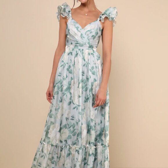 Lulus Soiree Perfection Light Blue Floral Ruffled Tiered Maxi Dress - Size XL - Picture 1 of 6